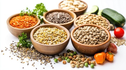 Small bowls filled with various types of animal feed, including seeds, grains, and fresh vegetables, on a white background for pet care or farm animal nutrition.