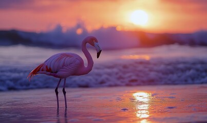 Fototapeta premium Pink Flamingo Standing on Serene Beach at Sunset with Colorful Sky and Waves Lapping the Shore, Perfect for Travel and Nature Themes, Generative AI