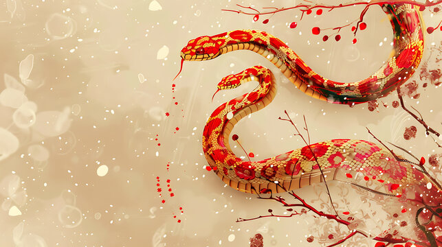  Orange Snake with two heads in Chinese zodiac style. Horoscope background. 