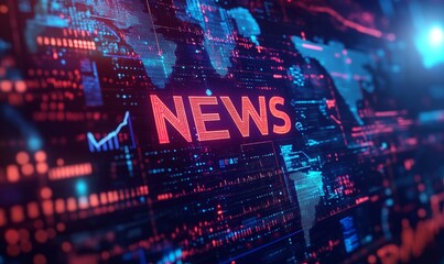 Global digital news concept with bold NEWS lettering overlaying a binary code matrix, world map, and financial graphs representing instant access to international, Generative AI