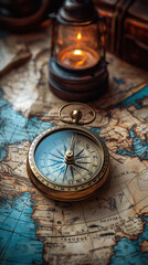 Old compass lying on a vintage map showing the way to new adventures
