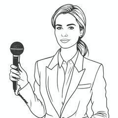 journalist with a microphone in her hands. Reporter reporting. One continuous line .Line art. Minimal single, isolated white background