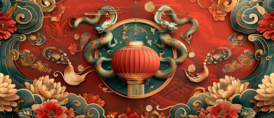 Fototapeta premium festive and celebratory graphic illustration for Chinese New Year 2025, featuring intertwined snakes encircling a traditional lantern . ai generated