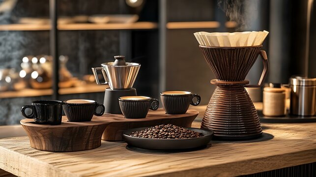 A stylishly arranged coffee station showcasing unique artisanal cups, a contemporary pour-over device, and freshly roasted coffee beans