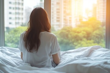 young woman sitting on the bed and looking outside window in hospital worry about her illness, Generative AI