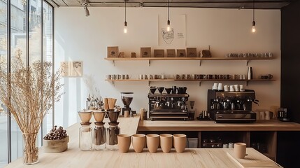 A trendy coffee bar with a minimalist design featuring handcrafted cups, pour-over tools, and an inviting display of various coffee beans