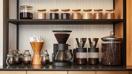 A well-arranged coffee station featuring modern pour-over equipment, an array of artisanal cups, and various types of coffee beans in jars