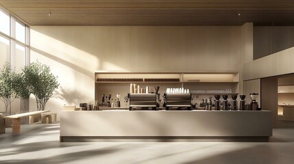 An inviting coffee bar featuring a minimalist design with a handcrafted pour-over station, artisanal cups, and a selection of premium coffee beans on display