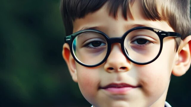 Funny smart boy nerd with glasses portrait. Child genius face close up looking at camera. Bookworm, bore. Educated kid closeup. Boring smartly wise guy. Best student, schoolboy, books, textbooks lover