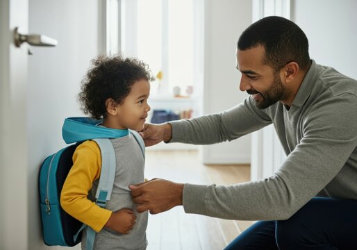 Father smiling and helping his son getting ready for school, putting backpack on