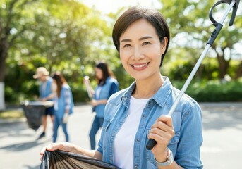 Volunteer holding garbage bag and reaching stick is collecting trash in park during community cleanup event