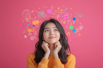 asian woman in color casual dress thinking and imagination isolated on pink background, Generative AI