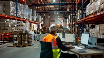 Warehouse worker in safety gear monitoring inventory on a computer system. Modern logistics and inventory control. Industrial workplace environment captured conceptually. Generative AI