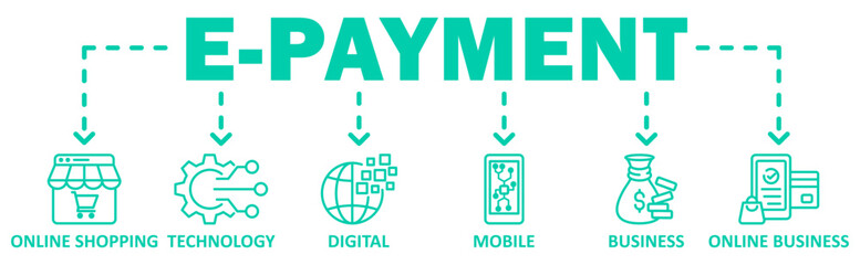 E-payment banner web icon vector illustration concept with icon of onilne shopping, technology, digital, mobile, business, online business