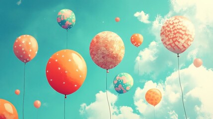 Fototapeta premium Colorful balloons floating in a blue sky with white clouds.