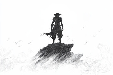 mysterious figure stands atop rocky outcrop, shrouded in mist and surrounded by flying birds. silhouette evokes sense of adventure and intrigue, capturing essence of lone wanderer