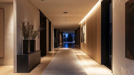An elegant hallway featuring minimalist decor, smart lighting, and voice-activated technology creating a welcoming entrance to a modern home
