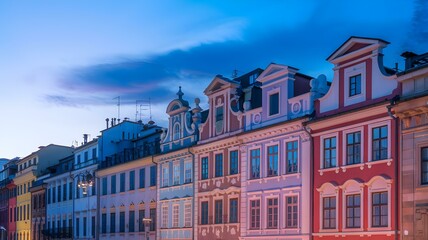Fototapeta premium Charming Historic Architecture at Dusk: Colorful Facades and Elegant Details of Buildings Bathed in Soft Twilight, Showcasing a Picturesque Urban Landscape