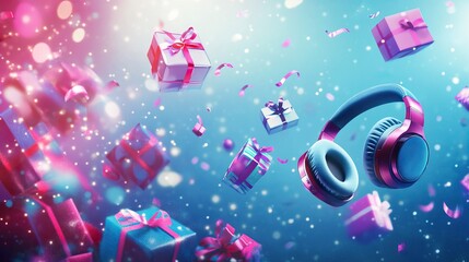 Obraz premium bright background gradient blue blue and purple, many large headphones and gifts flying, generative ai