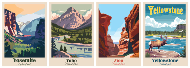 Set of Vintage Travel Posters, National Park Art Prints Nature Wall Art and Mountain Print Set Abstract Travel for Hikers Campers Living Room Decor. Vector illustration colorful