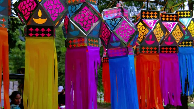 Series of colourful aakash kandil lights displayed in Pune city area, during Diwali Festival.