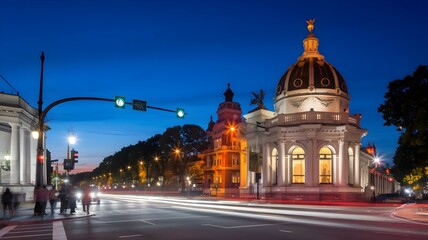 Vibrant Evening in the City: A Stunning View of Historic Architecture Illuminated Against a Twilight Sky, Featuring a Busy Intersection and Glowing Streetlights