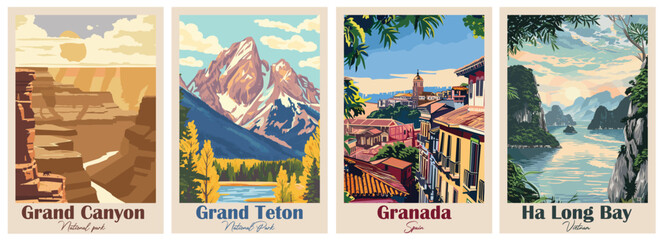 Set of Vintage Travel Posters, National Park Art Prints Nature Wall Art and Mountain Print Set Abstract Travel for Hikers Campers Living Room Decor. Vector illustration colorful