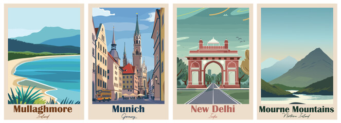 Obraz premium Set of Vintage Travel Posters, National Park Art Prints Nature Wall Art and Mountain Print Set Abstract Travel for Hikers Campers Living Room Decor. Vector illustration colorful