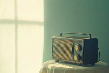 A vintage-style radio sits on a wooden table, ready to play classic tunes