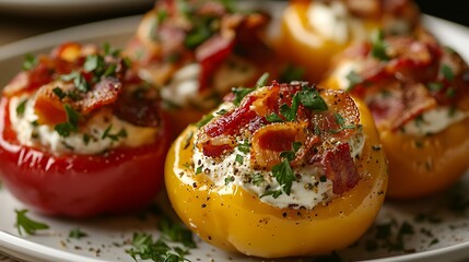A close-up shot of mini bell peppers stuffed with cream cheese, herbs, and crispy bacon, arranged on a white plate with a garnish of fresh parsley,