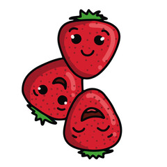 Cute vector illustration of three kawaii strawberries with different facial expressions (happy, surprised, and sleepy). Ideal for food-themed designs, children’s content, and playful decor. Doodle