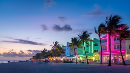 Vibrant Beachfront Scene at Dusk: Colorful Neon Lights Illuminate Palm Trees and Art Deco Architecture, Creating a Lively Atmosphere Perfect for Evening Strolls Along the Shore