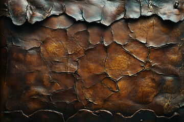 A textured surface featuring cracked, dark leather with varying shades of brown, creating an organic, aged appearance.