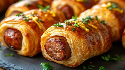 A close-up shot of pigs in a blanket, with flaky puff pastry wrapped around juicy mini sausages, arranged on a slate plate, with mustard drizzled over and a sprinkle of fresh parsley,