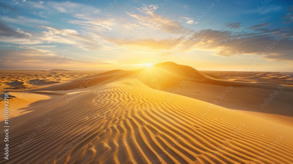 Poster a stunning view of the sahara desert with dramatic sand dunes and a setting sun casting a golden glo