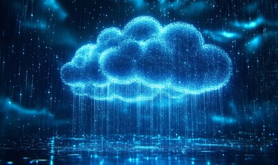 Obraz premium Digital Rain and Cloud Computing Concept Illustration with Blue Glowing Cloud Data Integration Technology Background, Generative AI