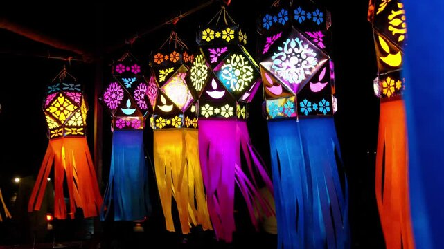 Series of colourful aakash kandil lights displayed in Pune city area, during Diwali Festival.