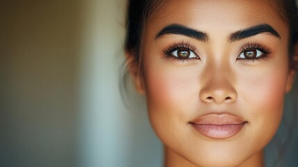 Naklejka premium Close-up portrait of a woman with a serene expression and natural makeup, AI