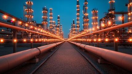Oil Refinery Illuminated by Christmas Lights at Night