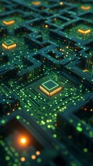 Obraz premium Maze of Circuit Board Pathways Symbolizing Data Processing, Tech Innovation, and Complex Digital Systems with Glowing Microchips and Intricate Green and Gold, Generative AI