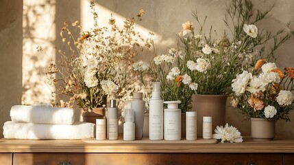 Fototapeta premium A tranquil beauty display featuring luxurious skincare products on a natural wood surface, accented by fresh flowers and plush towels for a spa-like feel