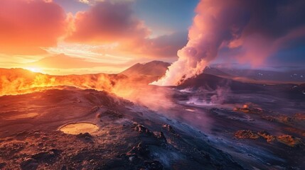 Fototapeta premium A stunning view of the volcanic landscape of Iceland with steam rising from geothermal vents and black lava fields contrasting against the backdrop of a vibrant sunset