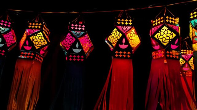 Series of colourful aakash kandil lights displayed in Pune city area, during Diwali Festival.