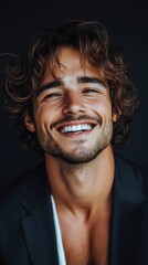 Fototapeta premium Joyful Young Man Smiling in Fashionable Attire, Positive Vibes and Happy Mood, Handsome Portrait with Beautiful Hair, Generative AI