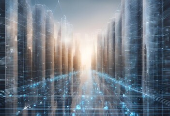 Low-poly 3D wire mesh of a smart city visualizes an intelligent building automation system, with binary code flowing through urban architecture