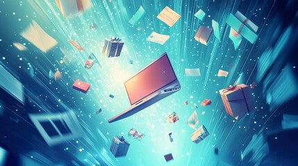 <cartoon> azure background in a technological and space style and in the center some laptop realistic, gift packages and coupons falling from the sky generative ai
