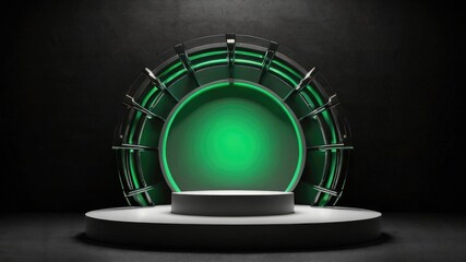 Stock Photography Green light round podium and black background