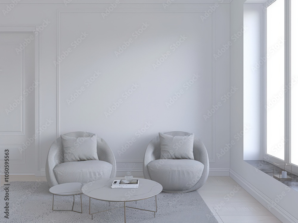 Wall mural a minimalist living room interior with two armchairs. a coffee table. and a rug the room has a large