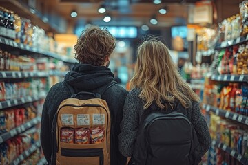 Fototapeta premium A happy couple smiling as they push a shopping cart filled with fresh produce and groceries down the store aisle