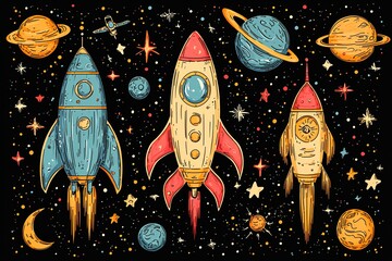 A charming set of doodle spaceships exploring a vibrant galaxy, surrounded by cartoon-style planets and cosmic elements